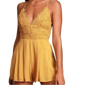 Lulus Mustard Lace Romper with Crisscross Back Size S